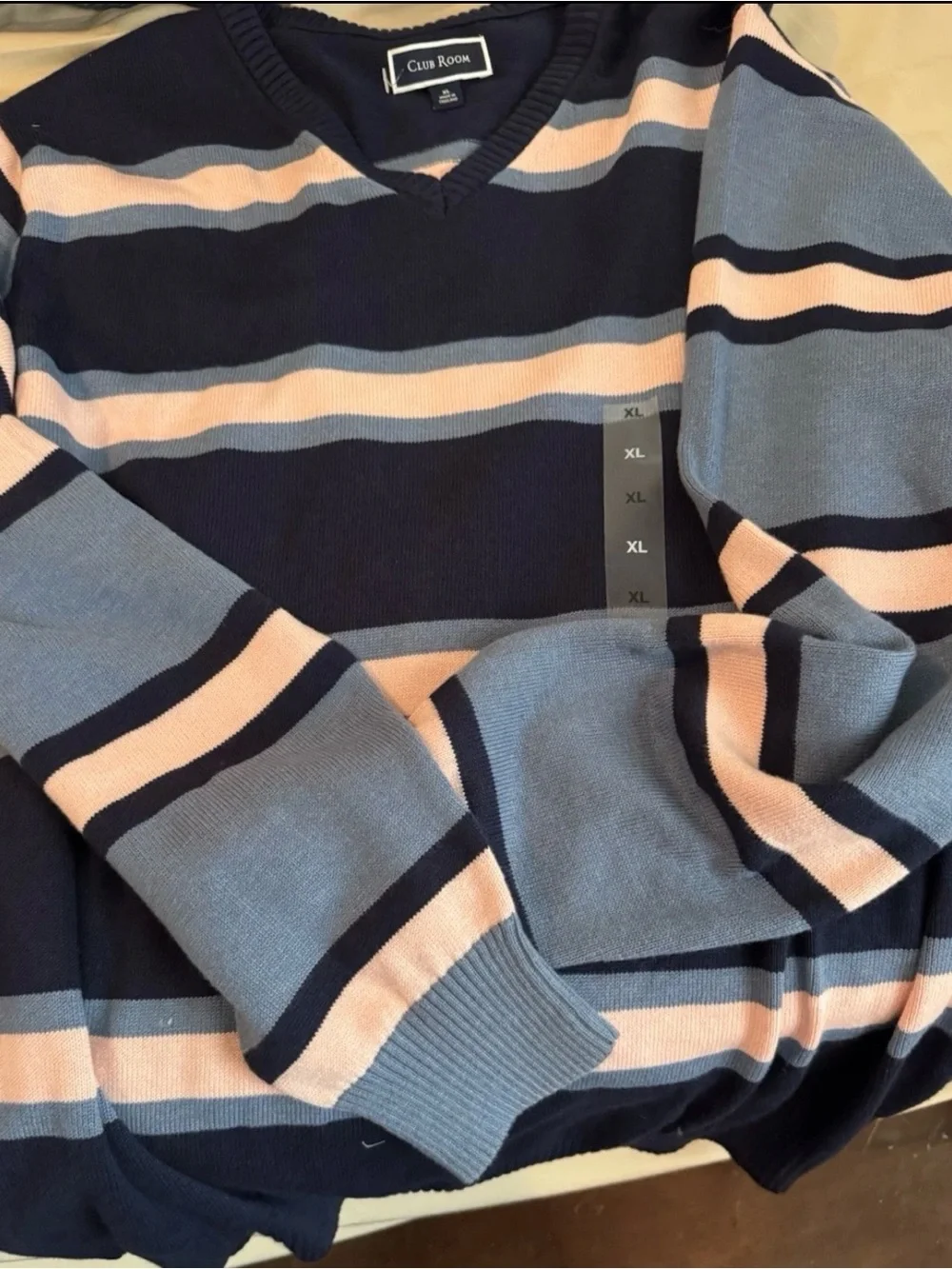 Club Room Men’s Navy, Light Blue & Cream Striped V-Neck Sweater